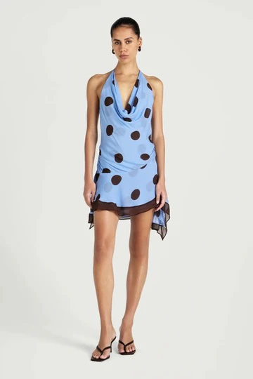 Benni Harlow Halter Mini Dress - Blue & Choc Polka