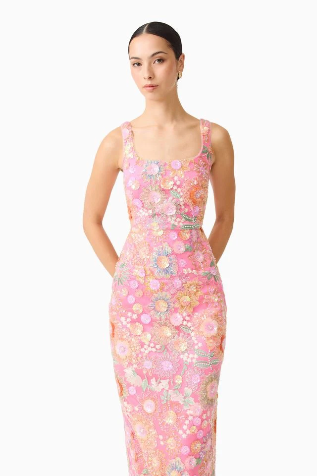 Elliatt Nathalie Column Ankle Grazer Dress - Pink Floral - Image 3