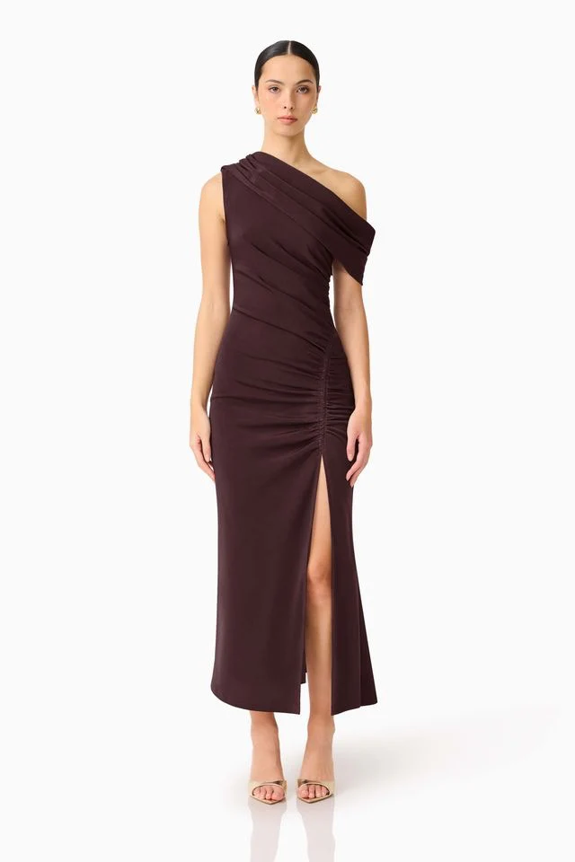 Elliatt Simone One Shoulder Maxi Dress - Chocolate Brown