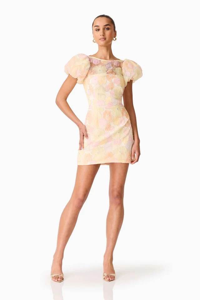 Elliatt Zaria Puff Sleeve Mini Dress - Yellow Floral - Image 3