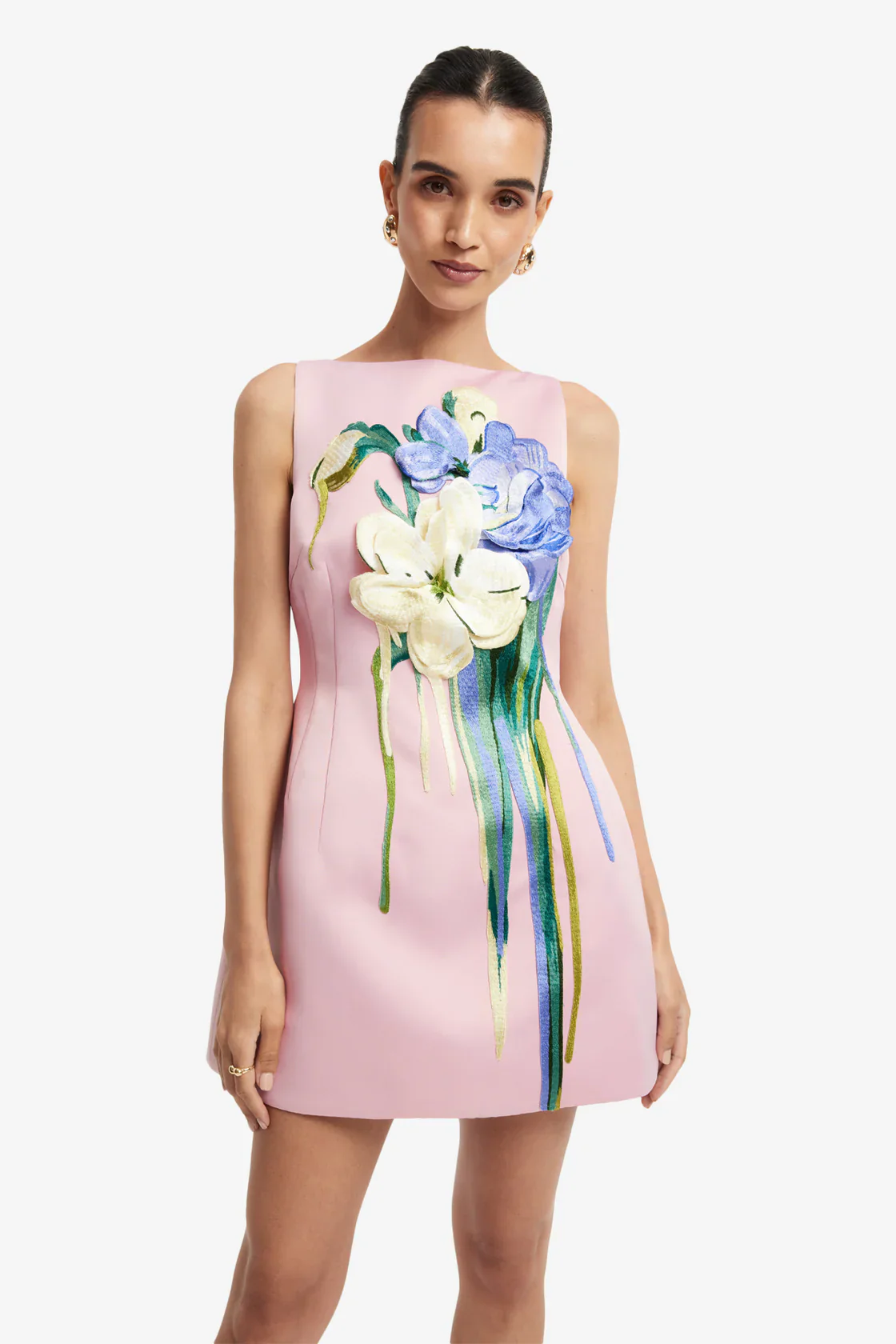 Leo Lin Ali Embroidered Boat Neck Mini Dress - Bouquet Print in Pastel Pink - Image 2