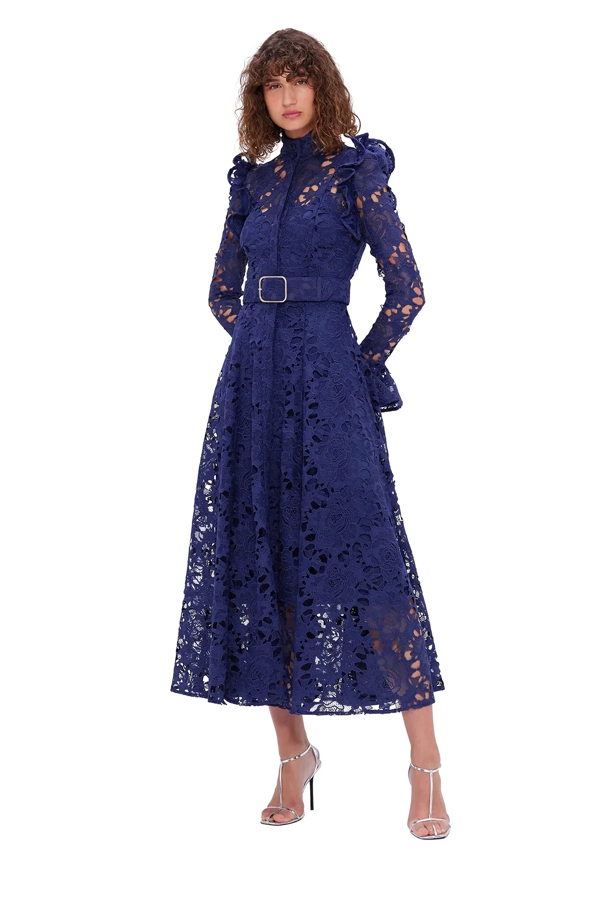 Leo Lin Aliyah Lace Butterfly Sleeve Midi Dress - Oxford Blue - Image 4