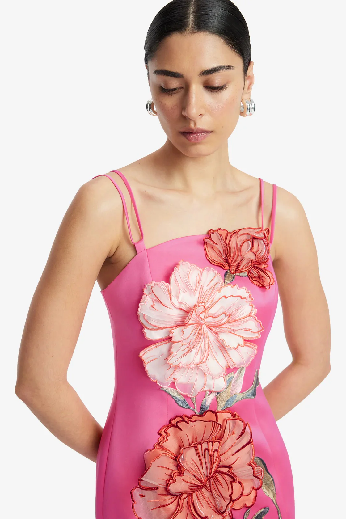 Leo Lin Arianna Applique Floral Maxi Dress - Peony Print in Fuchsia - Image 4