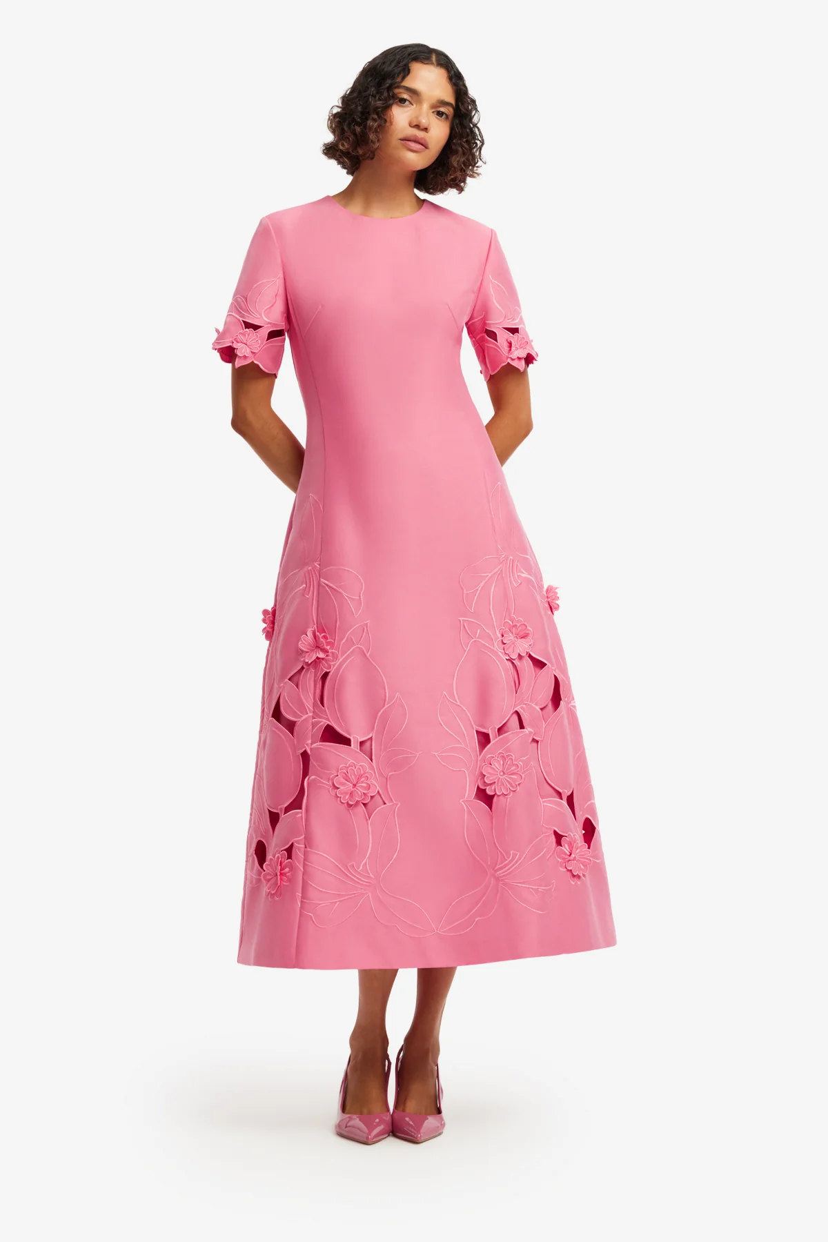 Leo Lin Caroline Appliqué Short Sleeve Midi Dress - Fuchsia - Image 3