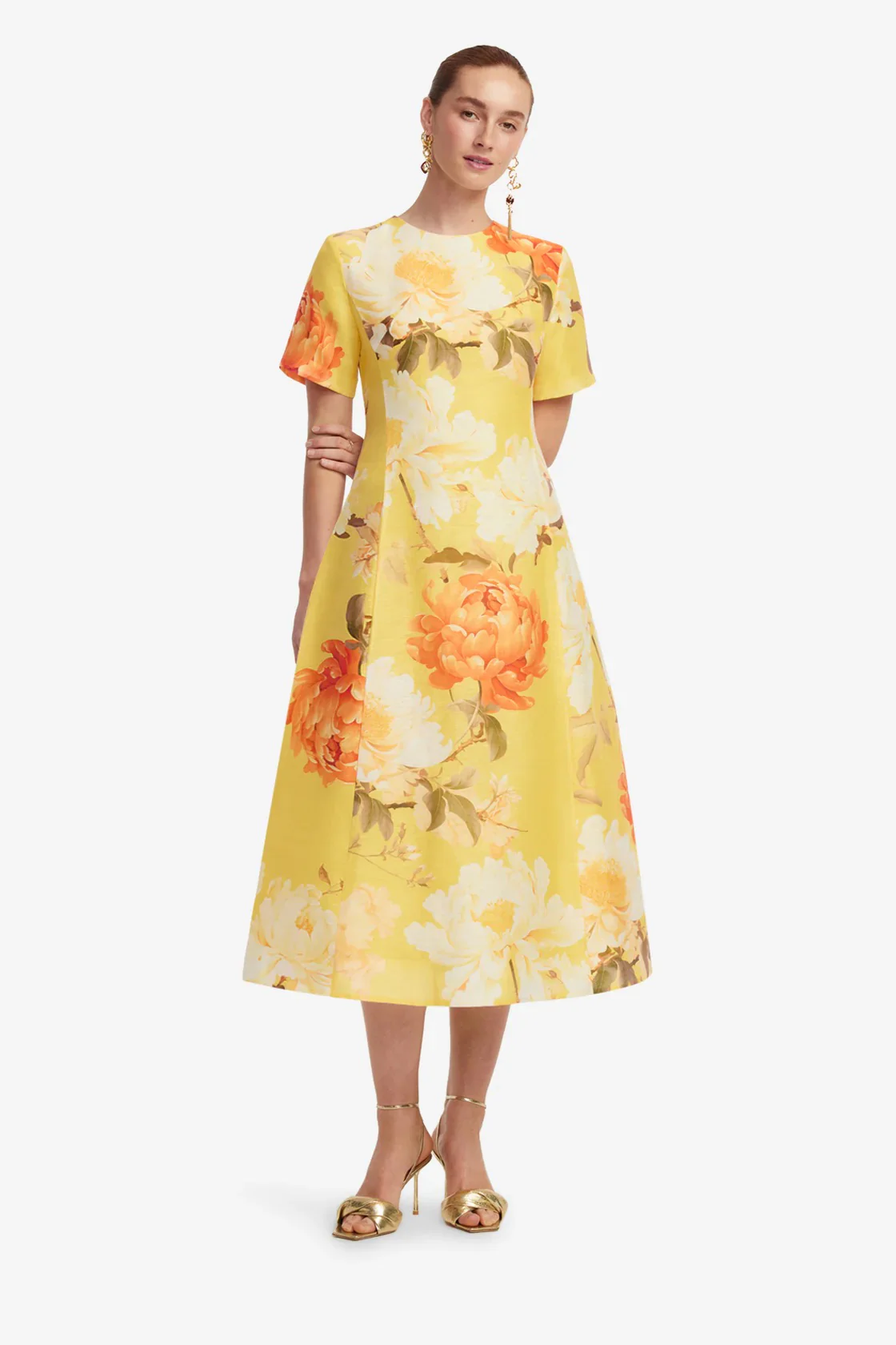 Leo Lin Caroline Short Sleeve Midi Dress - Peony Print in Yellow - Image 2