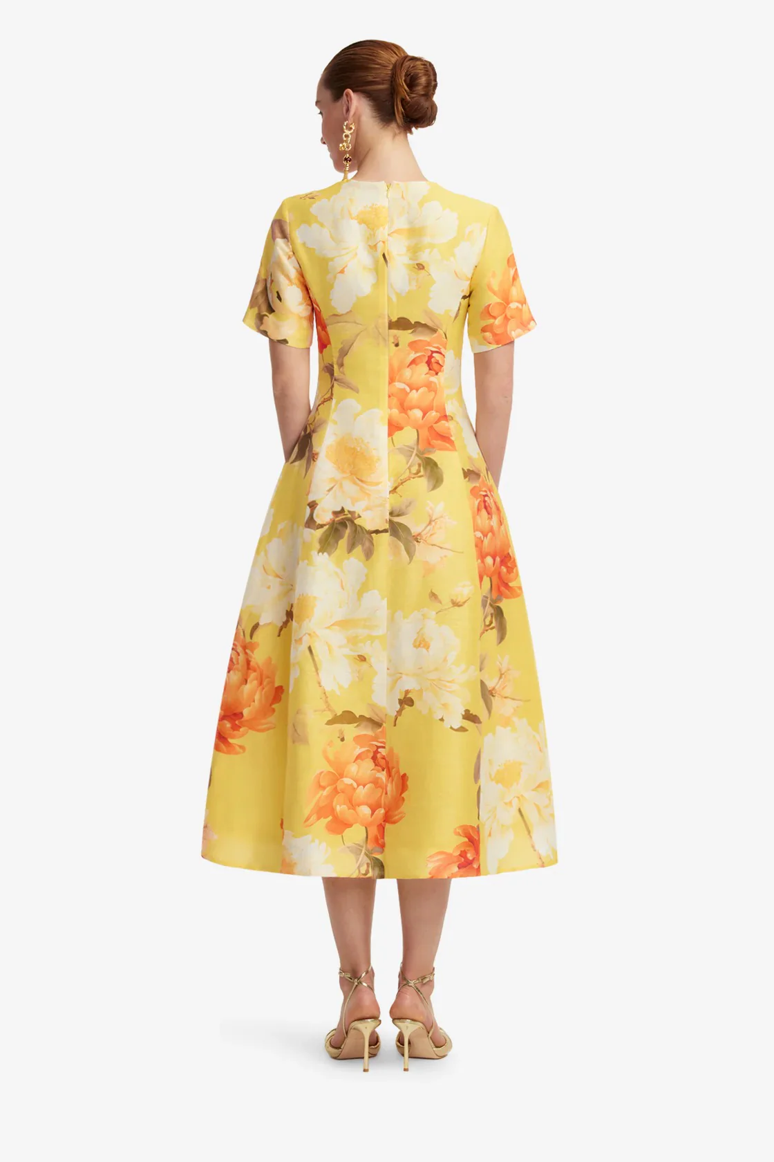 Leo Lin Caroline Short Sleeve Midi Dress - Peony Print in Yellow - Image 4
