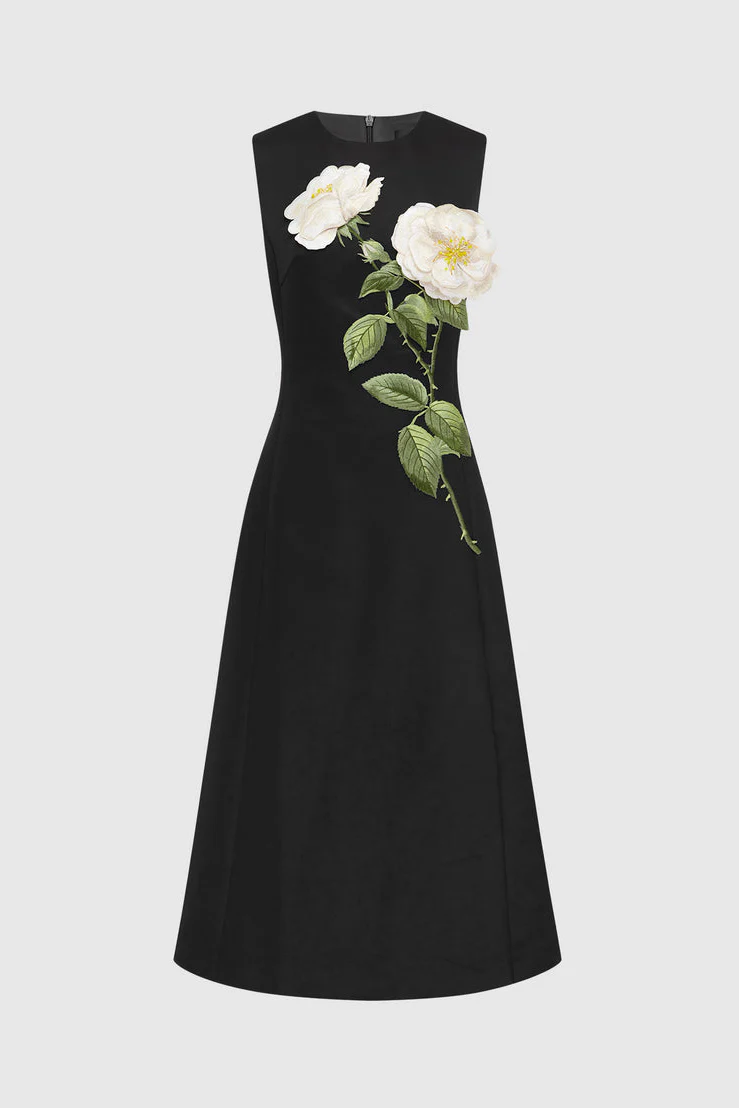 Leo Lin Cleo Embellished Sleeveless Midi Dress - White Rose Print in Black - Image 7