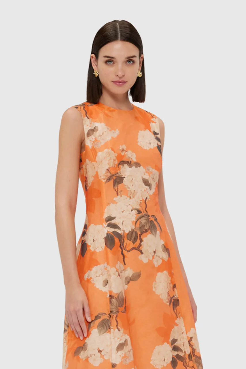 Leo Lin Cleo Sleeveless Midi Dress - Hydrangea Print in Tangerine - Image 2