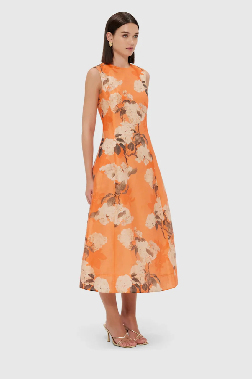 Leo Lin Cleo Sleeveless Midi Dress - Hydrangea Print in Tangerine - Image 3