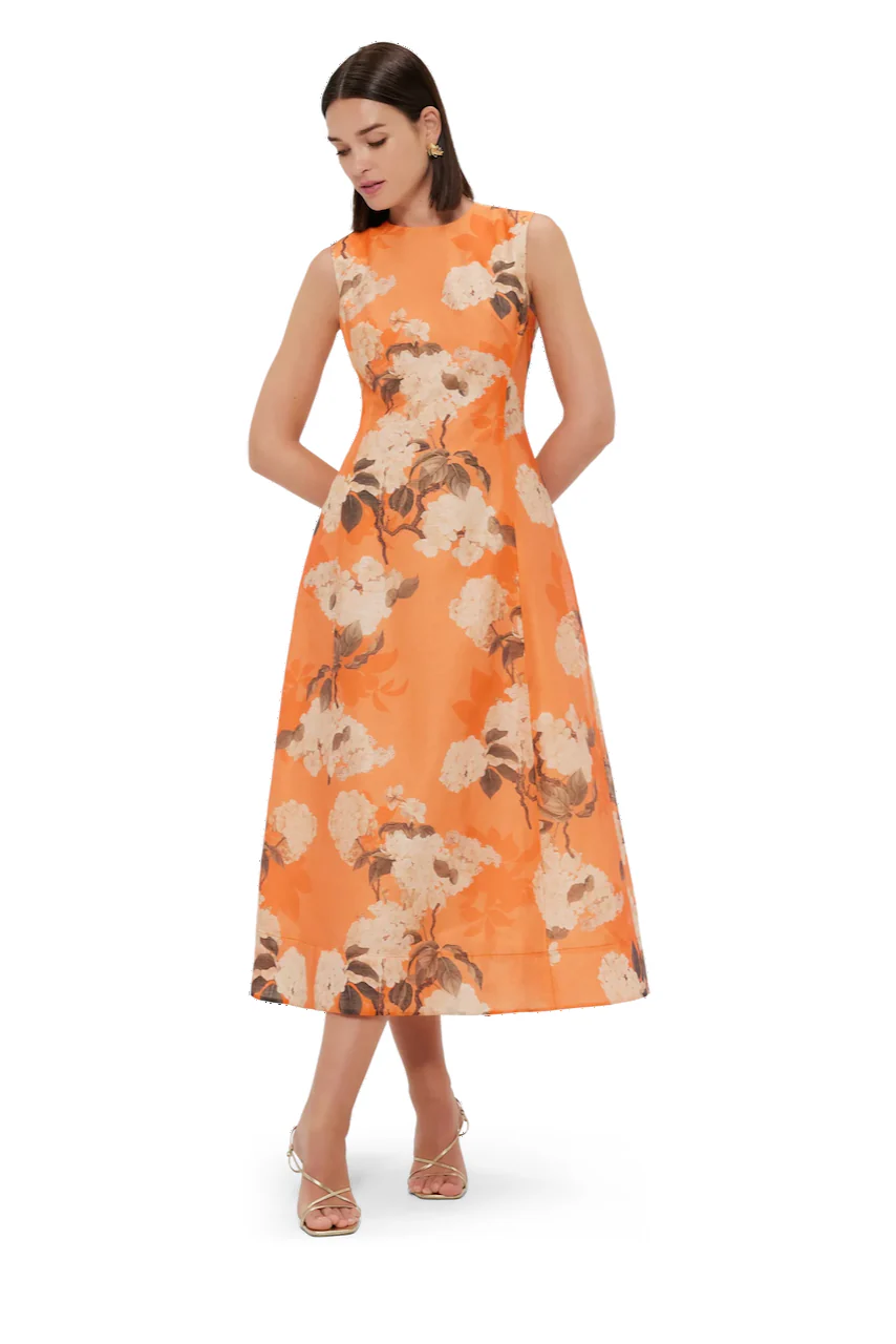 Leo Lin Cleo Sleeveless Midi Dress - Hydrangea Print in Tangerine - Image 6
