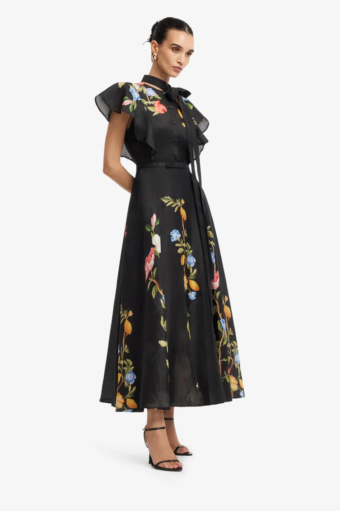 Leo Lin Elsie Flutter Sleeve Midi Dress - Lemon Vine Print in Ebony - Image 3