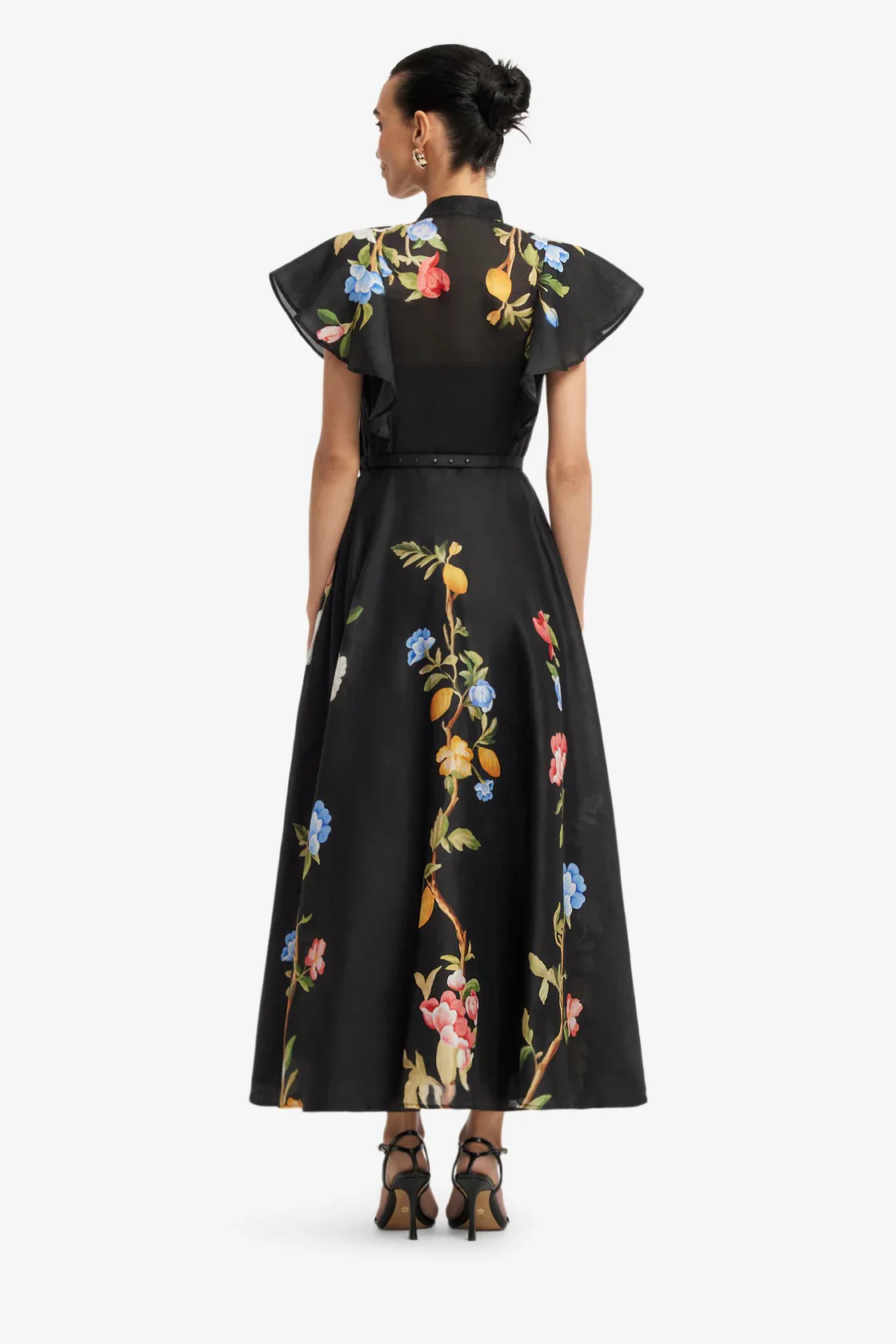 Leo Lin Elsie Flutter Sleeve Midi Dress - Lemon Vine Print in Ebony - Image 5