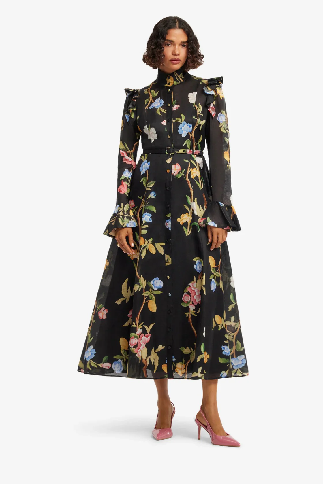 Leo Lin Katrina Butterfly Sleeve Midi Dress - Lemon Vine Print in Ebony - Image 2