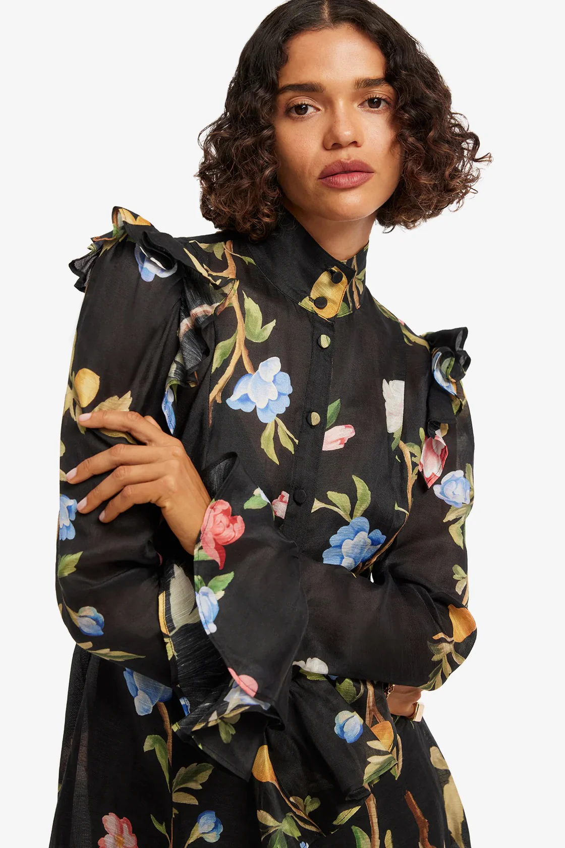 Leo Lin Katrina Butterfly Sleeve Midi Dress - Lemon Vine Print in Ebony - Image 4