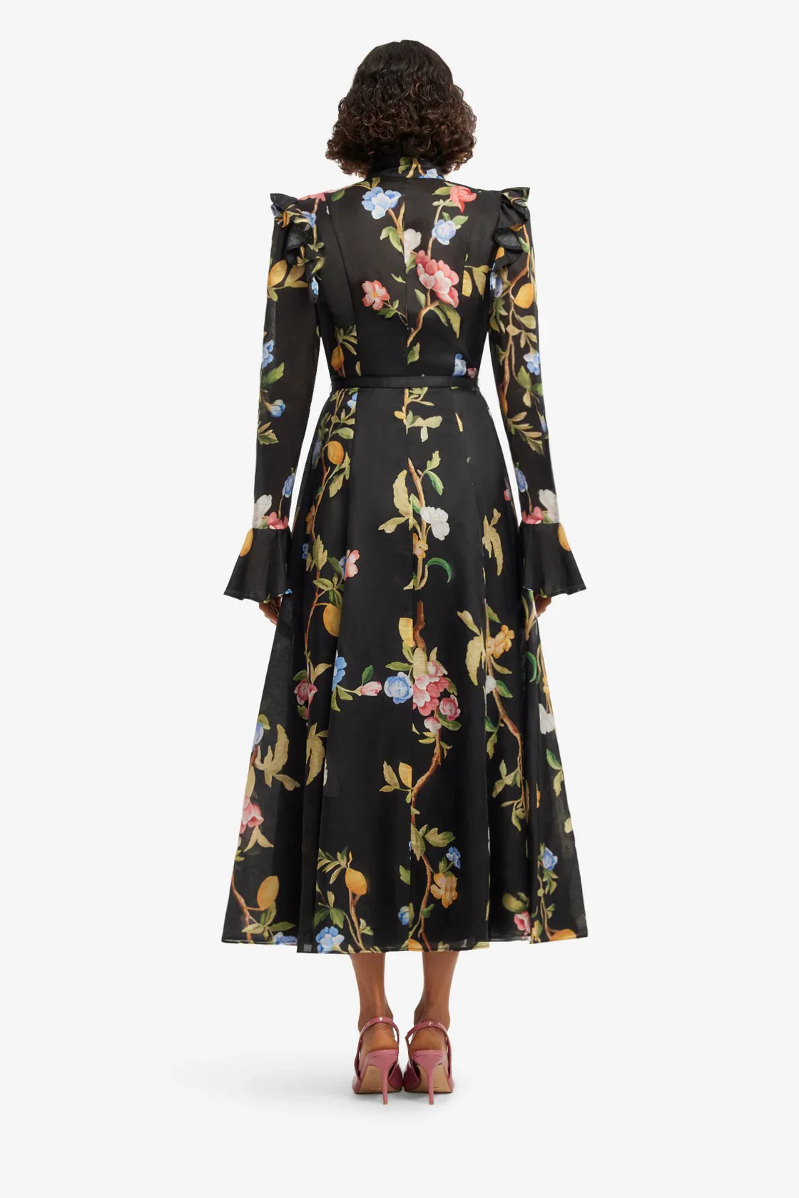 Leo Lin Katrina Butterfly Sleeve Midi Dress - Lemon Vine Print in Ebony - Image 5