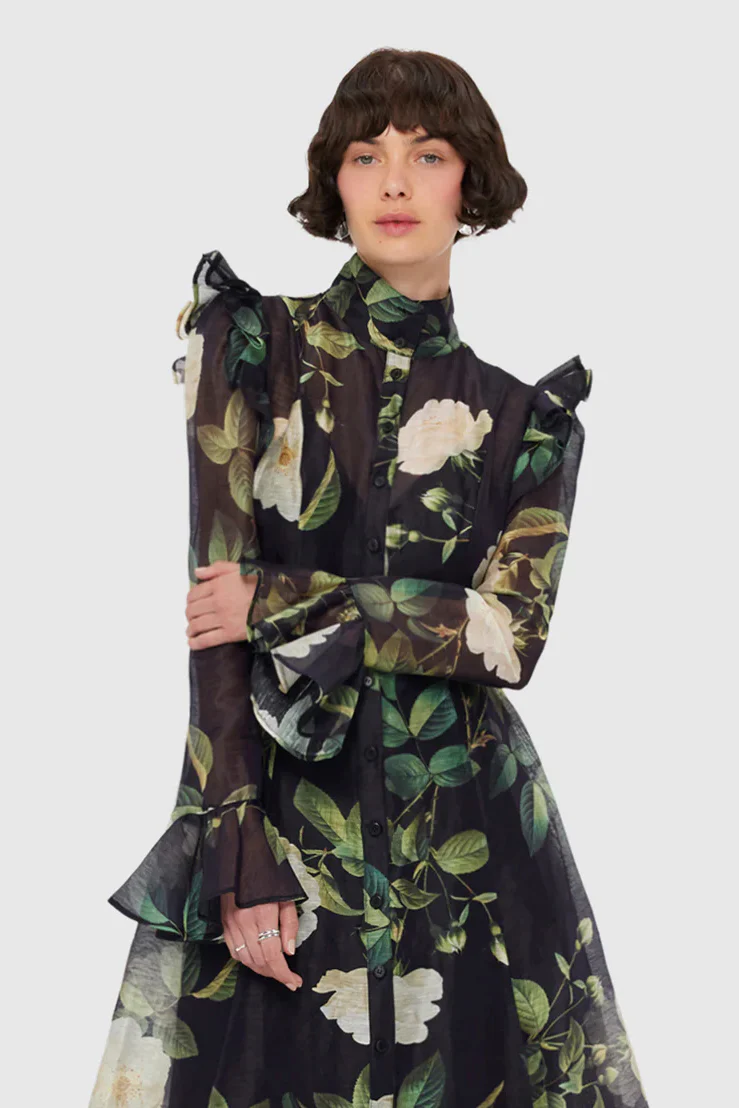 Leo Lin Katrina Butterfly Sleeve Midi Dress - White Rose Print in Black - Image 2
