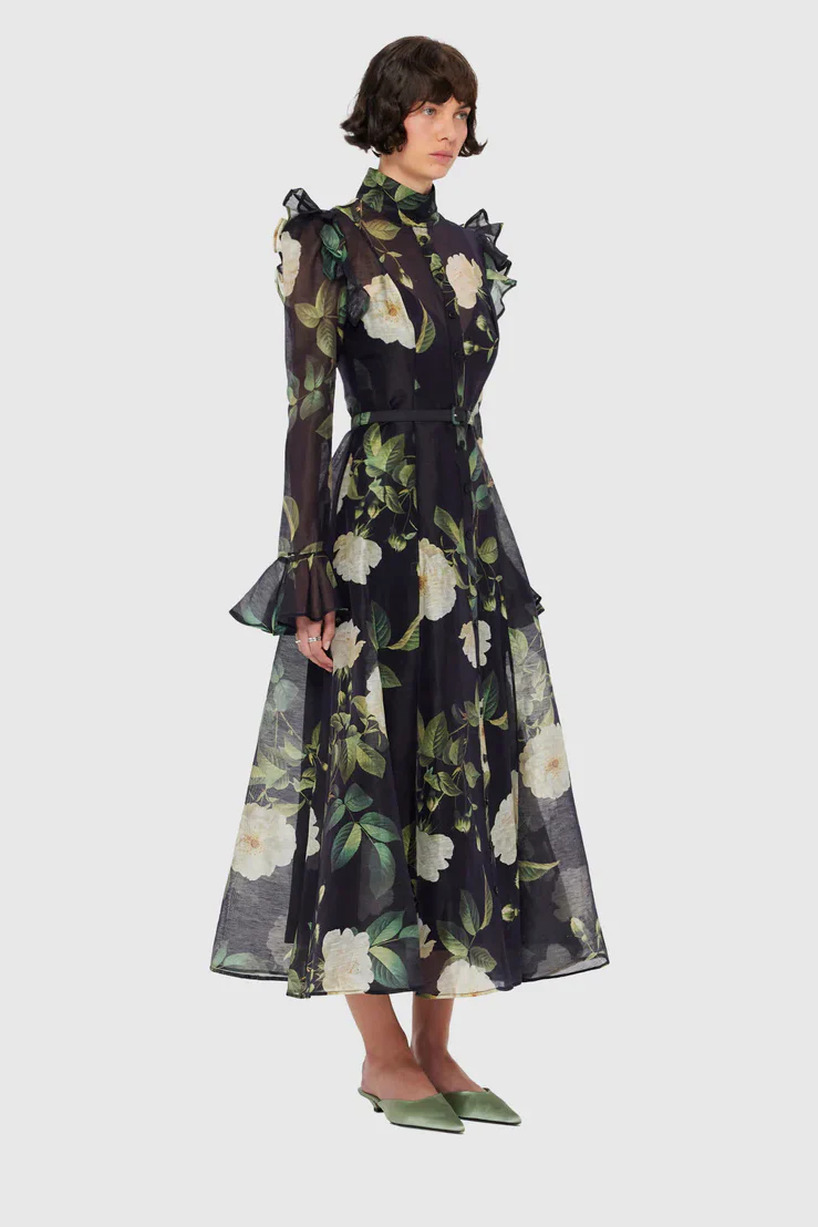 Leo Lin Katrina Butterfly Sleeve Midi Dress - White Rose Print in Black - Image 3