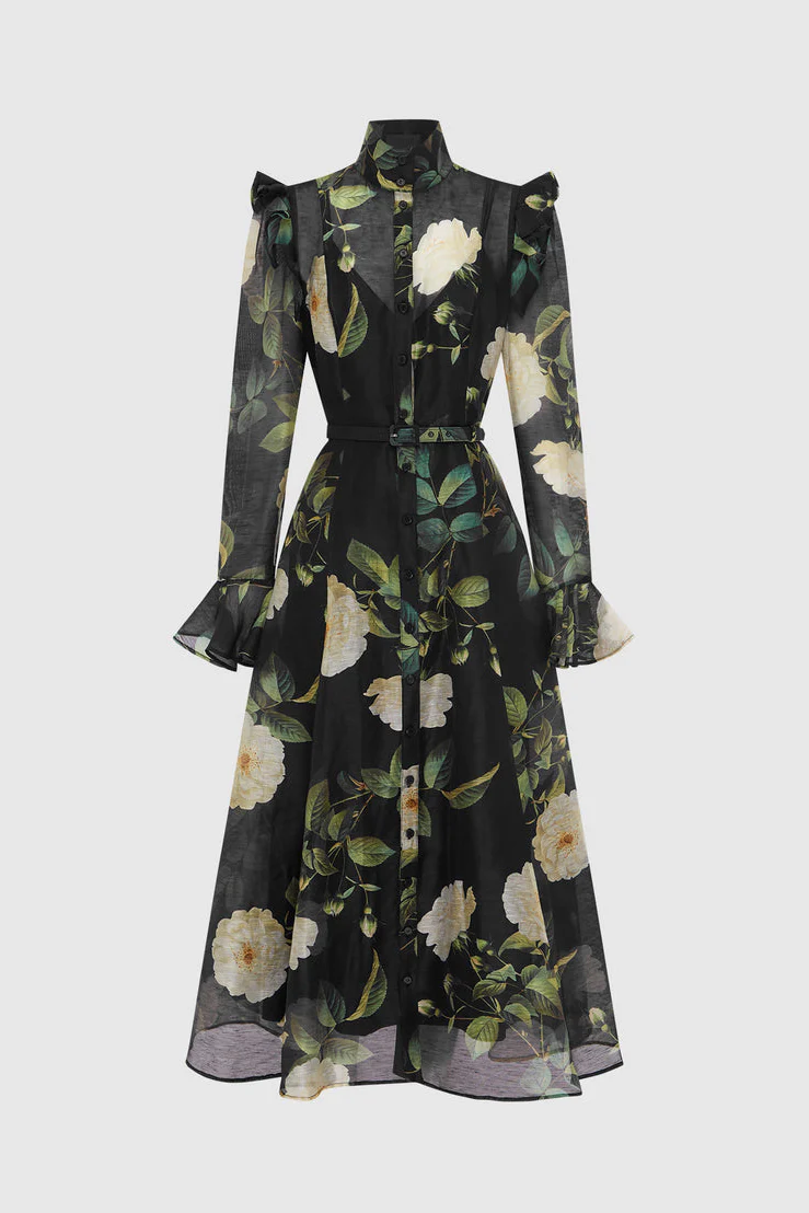 Leo Lin Katrina Butterfly Sleeve Midi Dress - White Rose Print in Black - Image 4