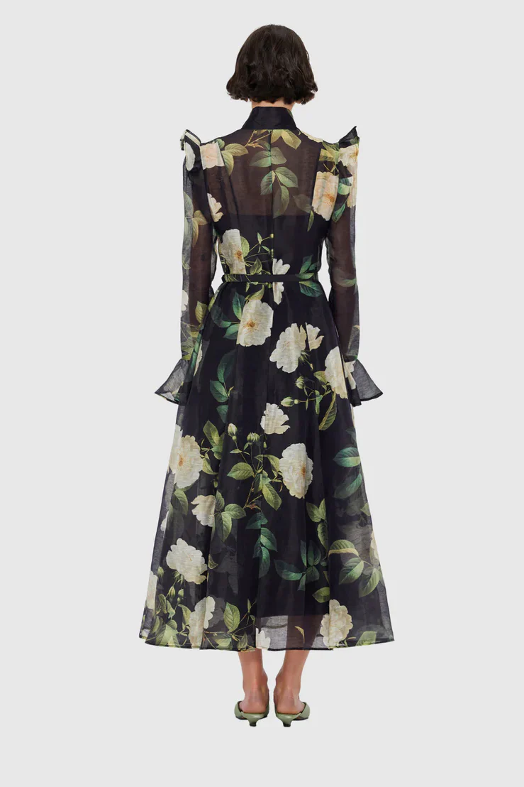 Leo Lin Katrina Butterfly Sleeve Midi Dress - White Rose Print in Black - Image 5