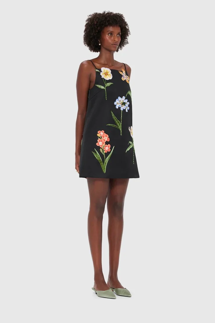 Leo Lin Leia Embroidery Mini Dress - Botanical Print in Ebony - Image 3