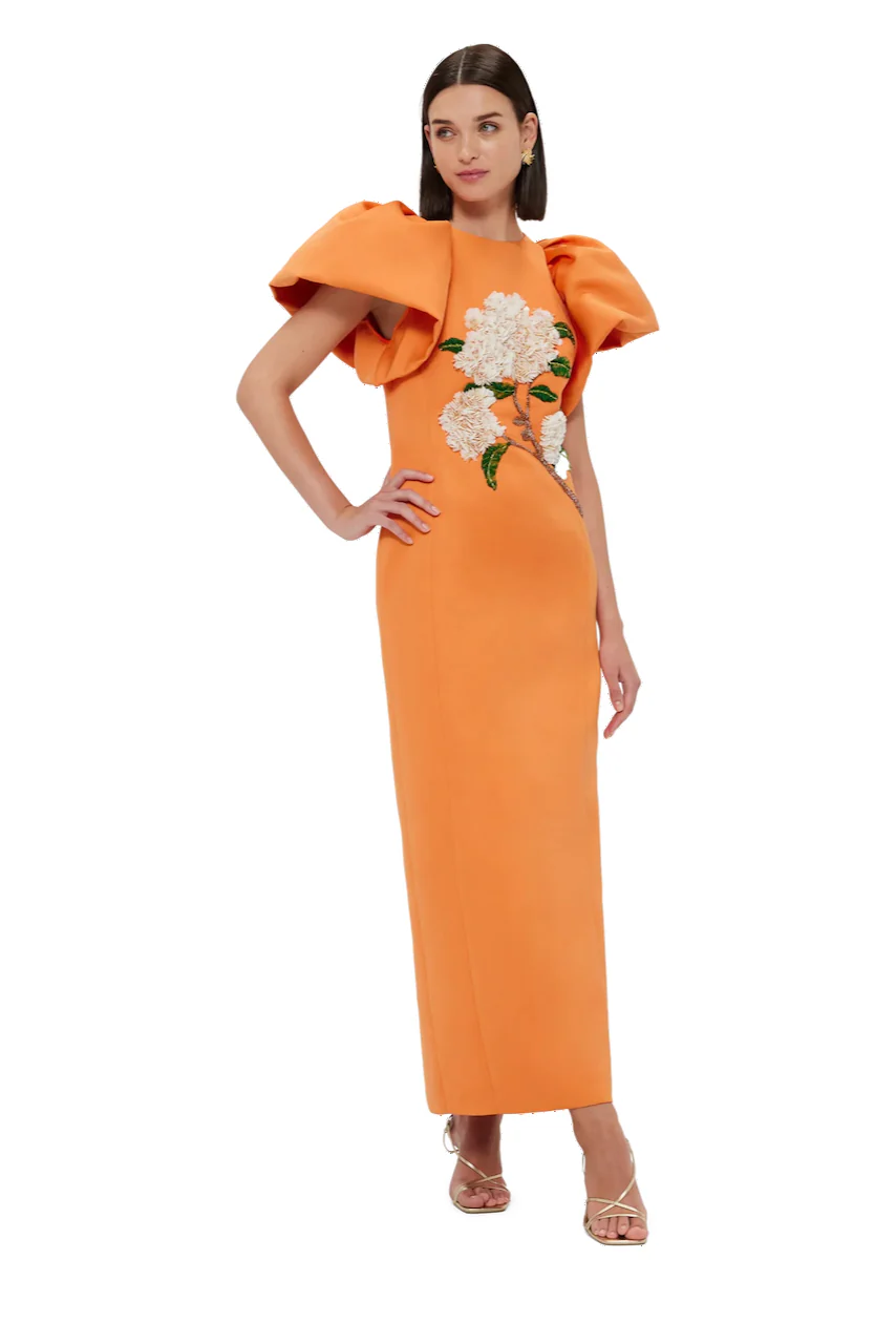 Leo Lin Lucinda Embellished Maxi Dress - Hydrangea Print in Tangerine - Image 5