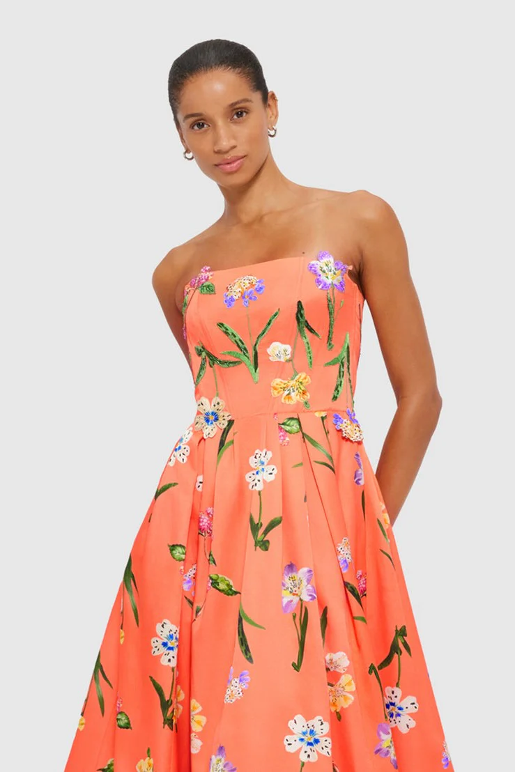 Leo Lin Lynn Bustier Midi Dress - Wild Flower in Coral - Image 2
