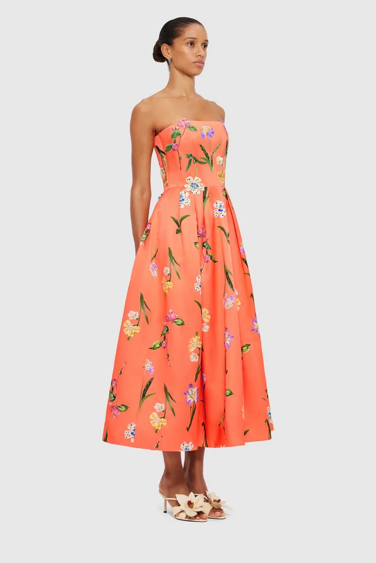Leo Lin Lynn Bustier Midi Dress - Wild Flower in Coral - Image 4