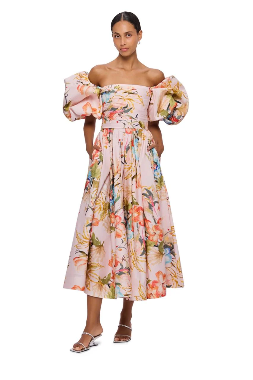Leo Lin Matilda Puff Sleeve Midi Dress - Opulent Print in Blush - Image 4