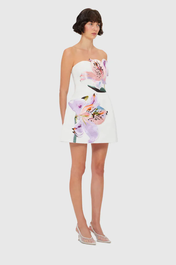 Leo Lin Rosario Appliqué Bustier Mini Dress - Lily Print in Snow - Image 3