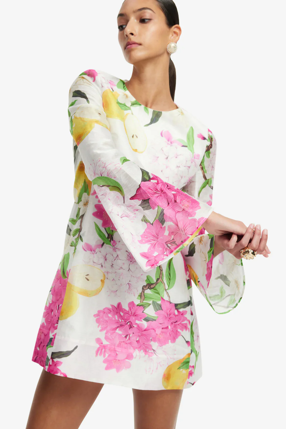 Leo Lin Suzanne Bell Sleeve Mini Dress - Floral Pear Print - Image 2