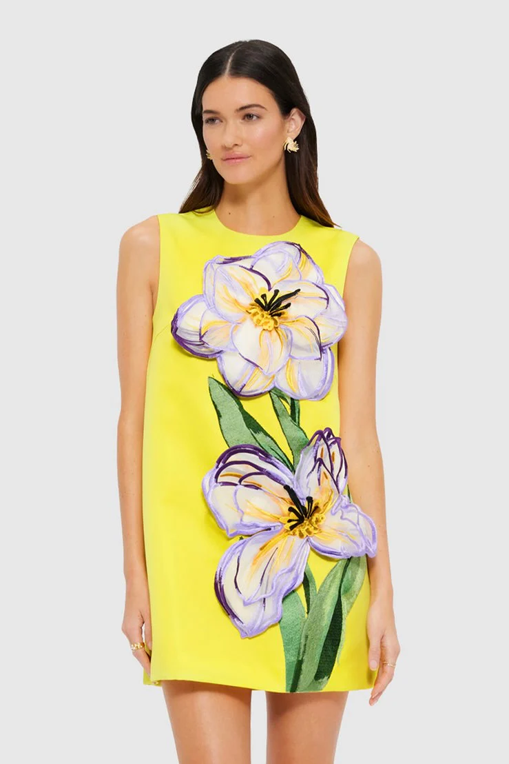 Leo Lin Yvonne Appliqué Floral Mini Dress - Iris Print in Yellow - Image 4