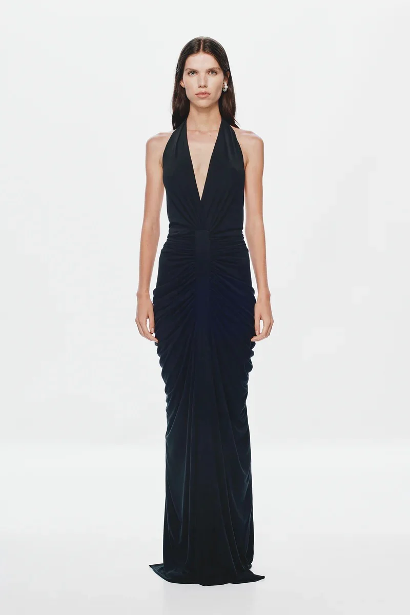 Misha Venus Gathered Cupro Dress - Black