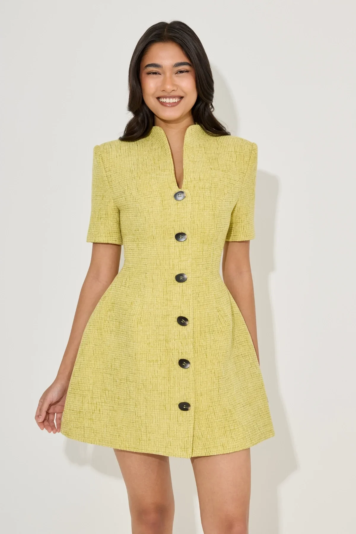 Odd Muse Cotton Boucle Button Mini Dress - Chartreuse - Image 2
