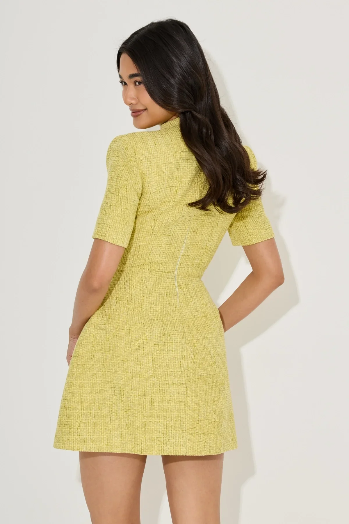 Odd Muse Cotton Boucle Button Mini Dress - Chartreuse - Image 3