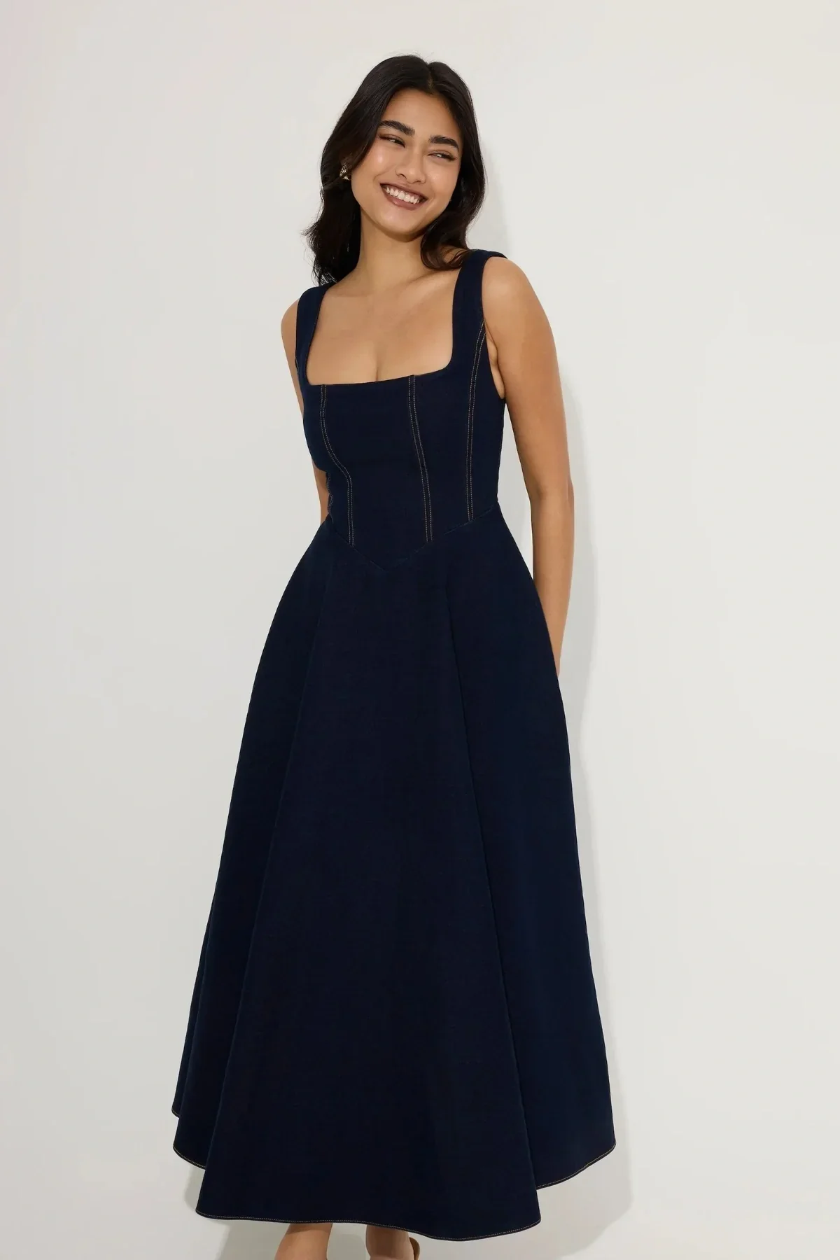 Odd Muse Cotton Mix Denim Square Neck Midi- Dark Blue - Image 2