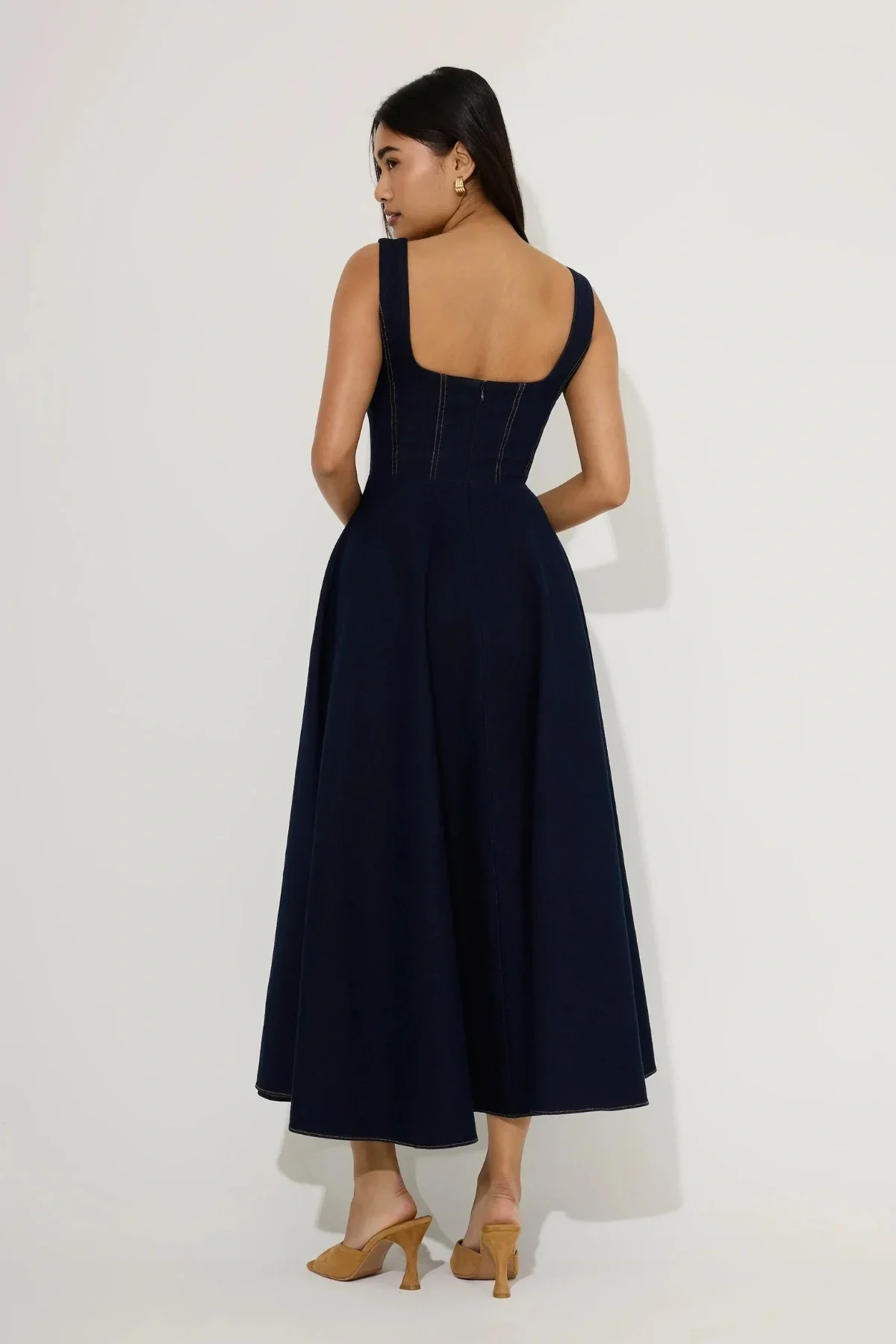 Odd Muse Cotton Mix Denim Square Neck Midi- Dark Blue - Image 3