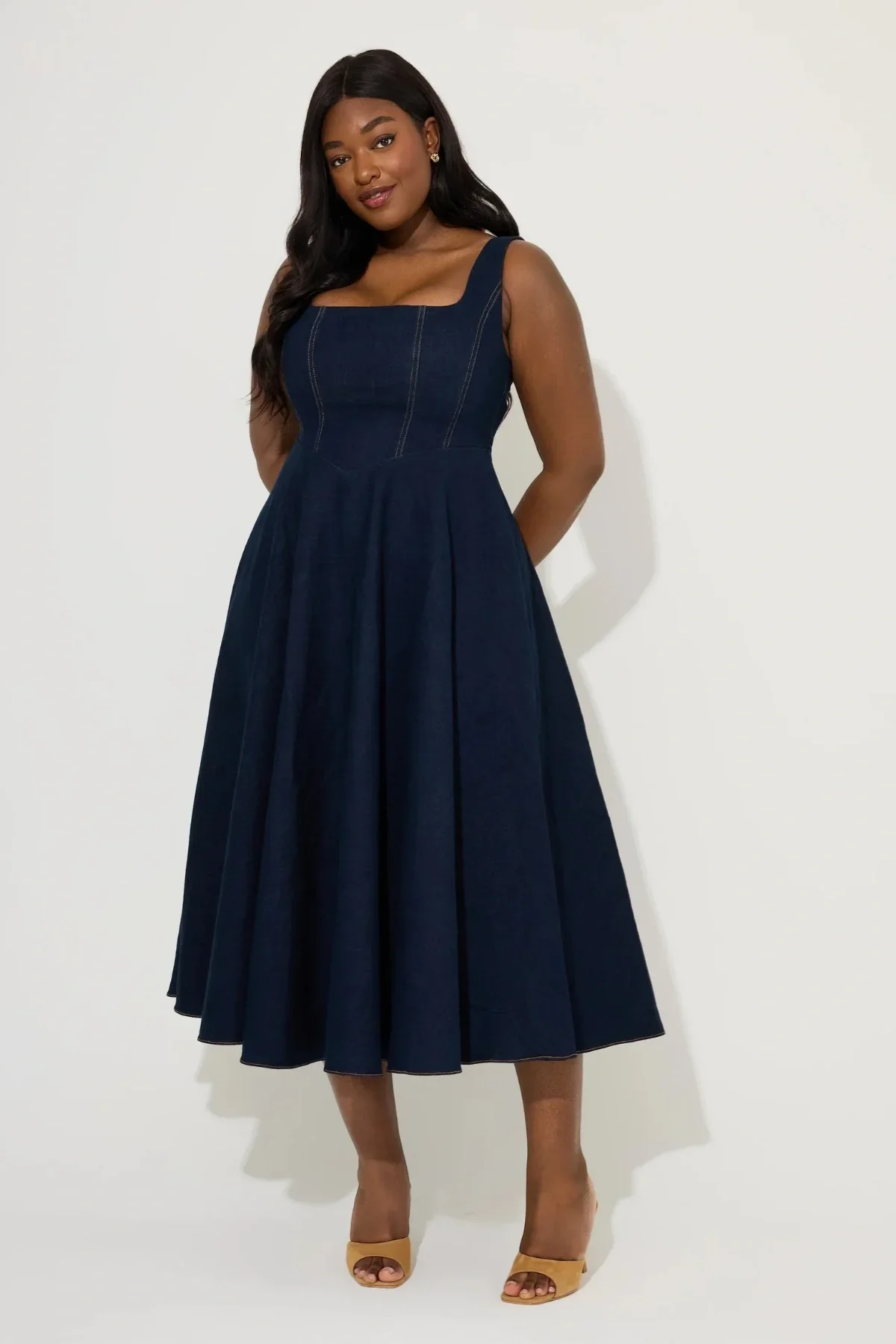Odd Muse Cotton Mix Denim Square Neck Midi- Dark Blue - Image 4