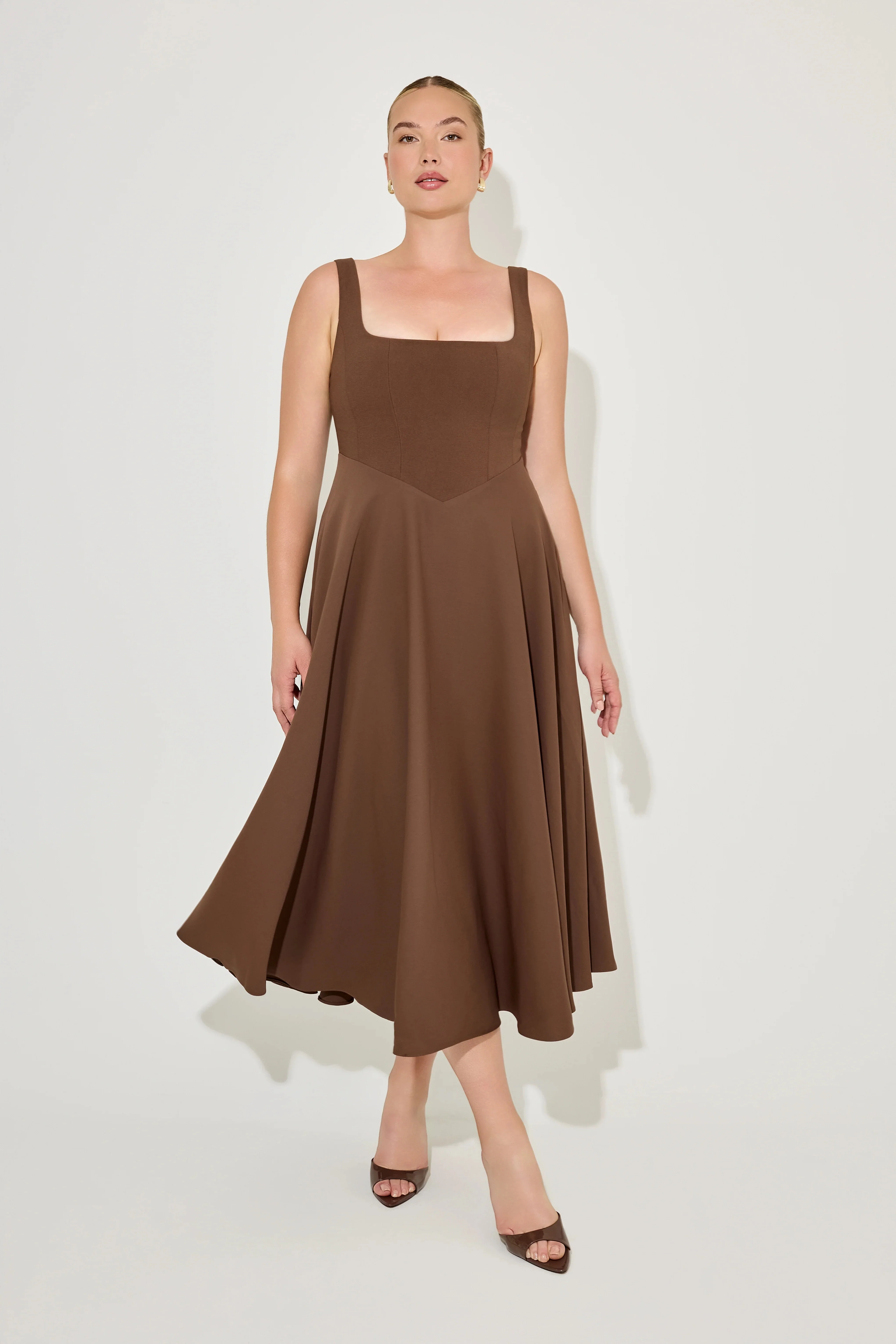 Odd Muse The Ultimate Muse High Waist Square Neck Midi Dress - Chocolate