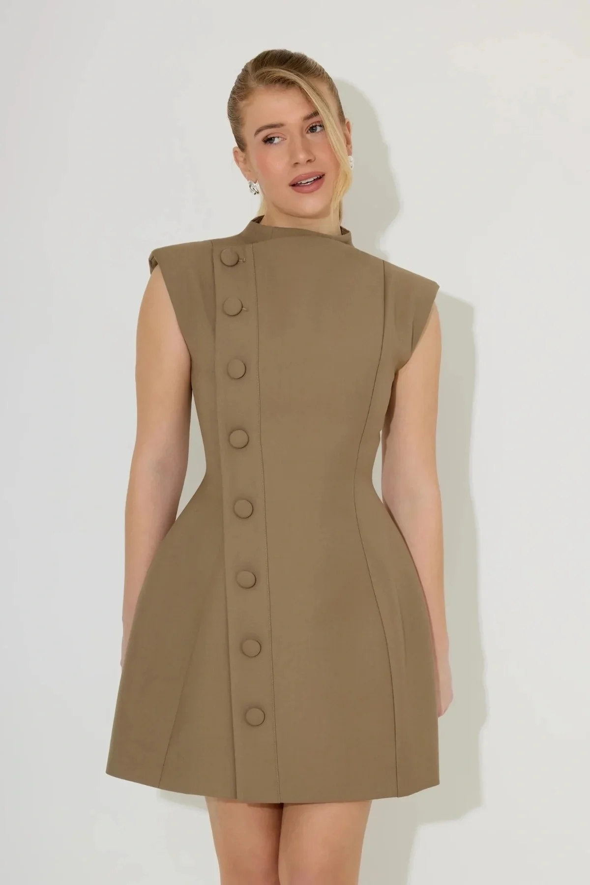 Odd Muse The Ultimate Muse Sleeveless Button Mini Dress - Khaki - Image 3