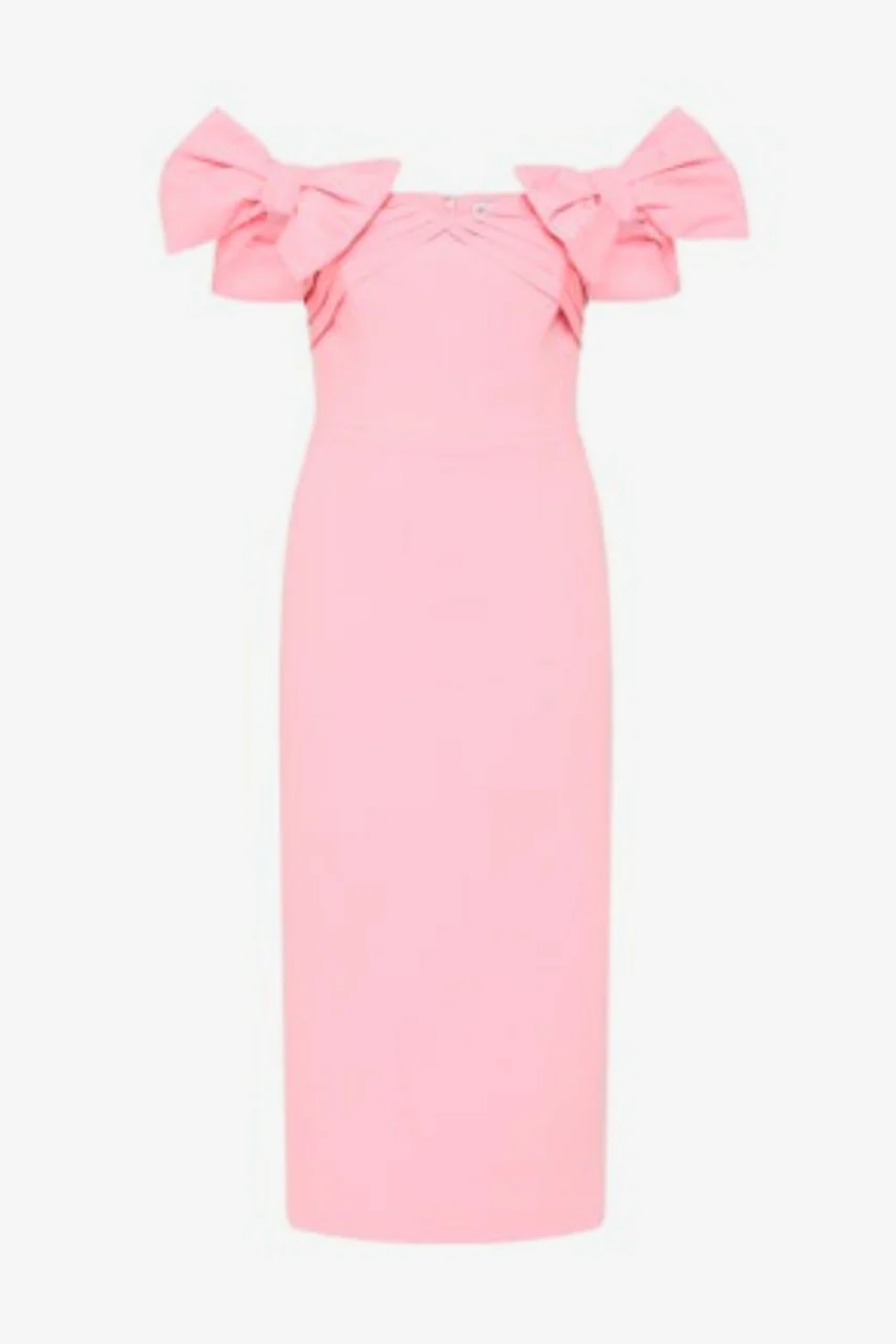 Rebecca Isabella Bow Midi Dress - Ticked Pink