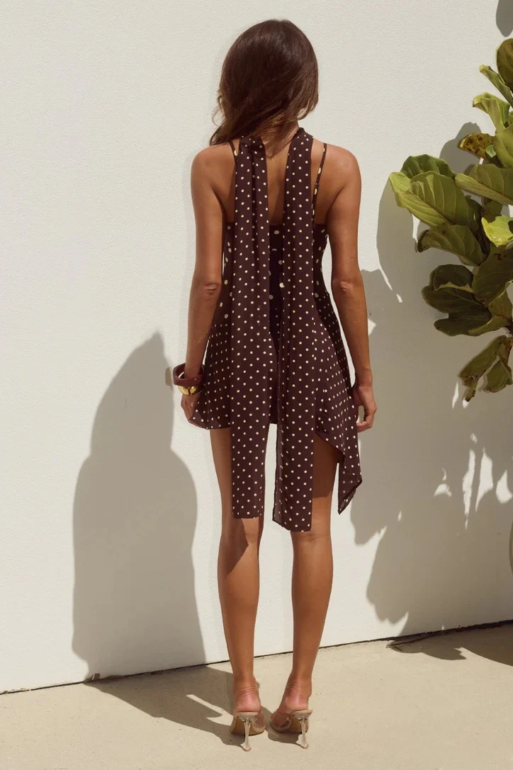 Runaway the Label Alora Scoop Mini Dress - Choc & Lemon Polka - Image 6