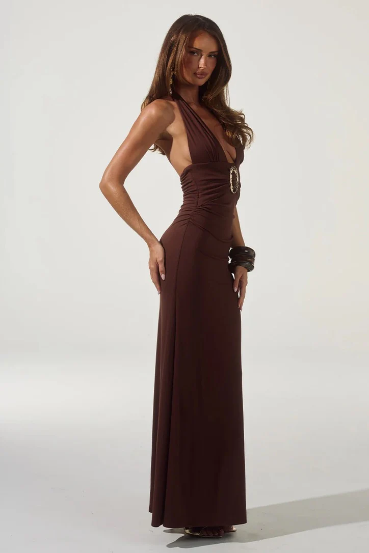 Runaway the Label Arina Halter Maxi Dress - Espresso - Image 3