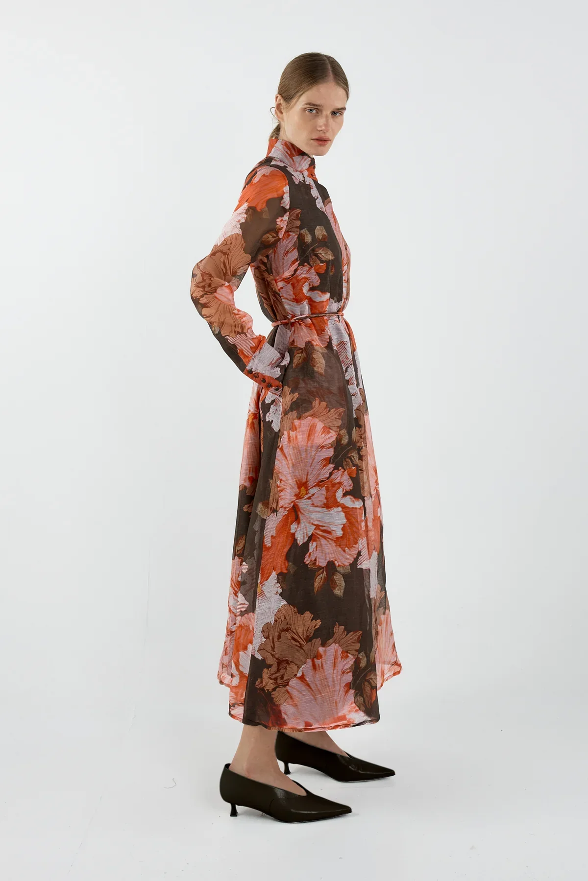 Sofia Irina Iris Bell Sleeve Shirt Dress - Chocolate & Pink Floral - Image 2