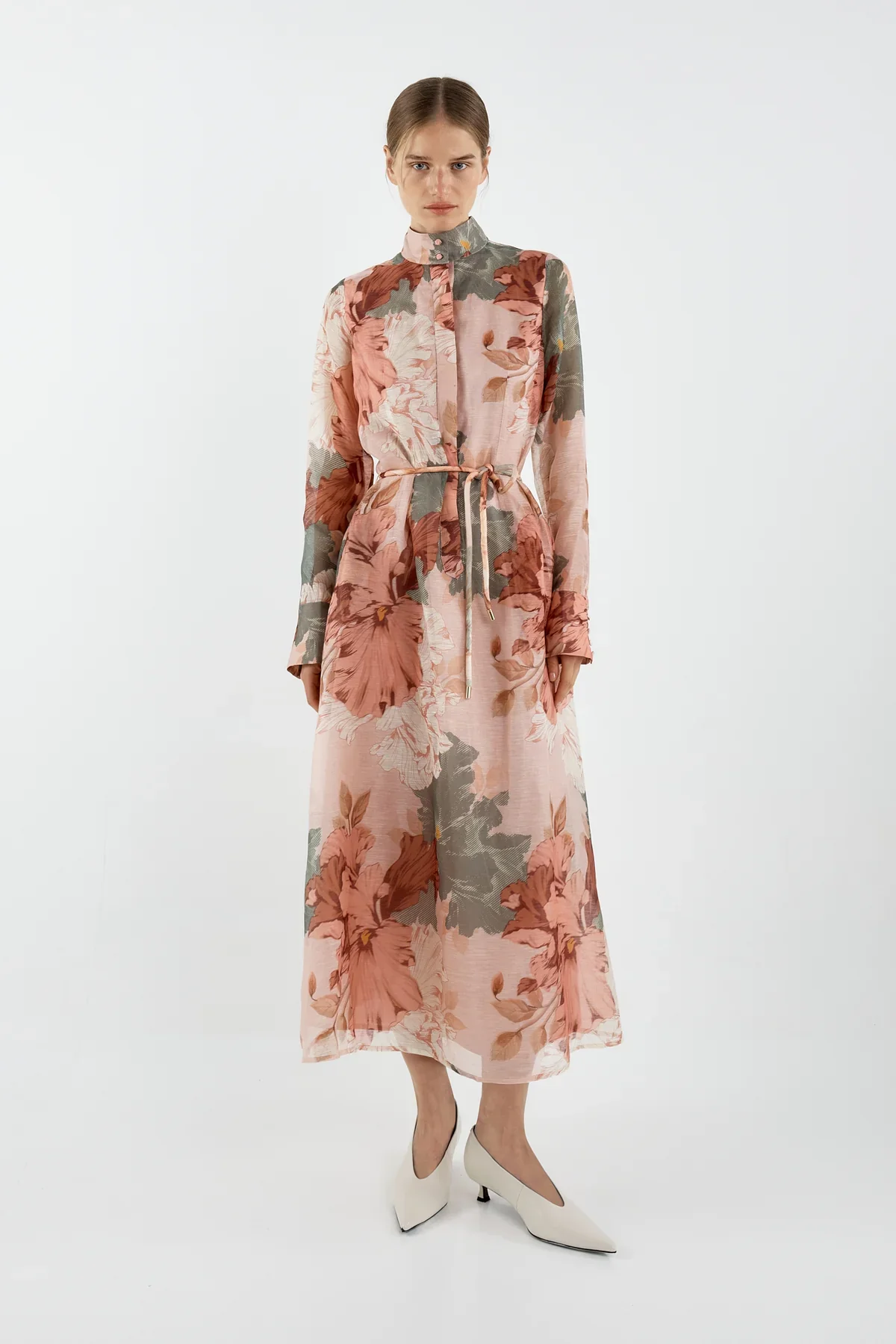 Sofia Irina Iris Bell Sleeve Shirt Dress - Pink Green Floral