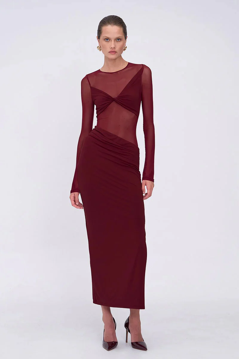 Suboo Auguste Long Sleeve Mesh Jersey Maxi Dress - Bordeaux