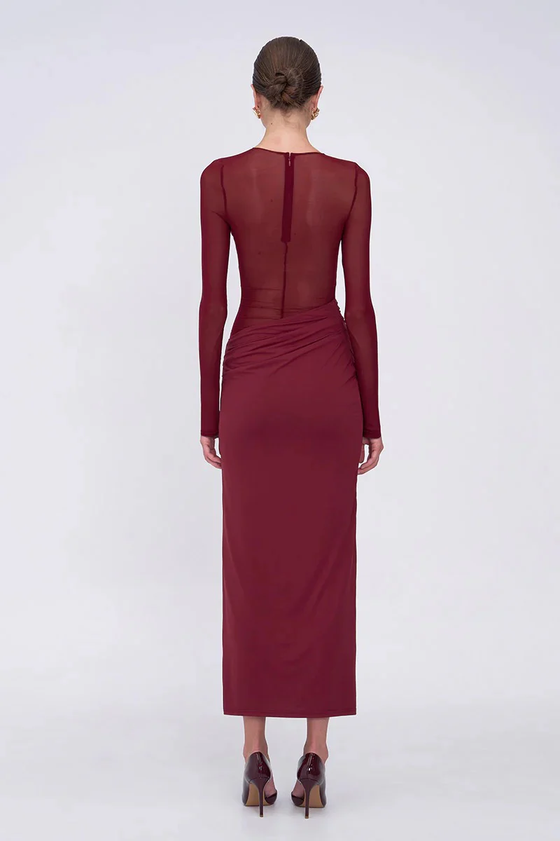 Suboo Auguste Long Sleeve Mesh Jersey Maxi Dress - Bordeaux - Image 4