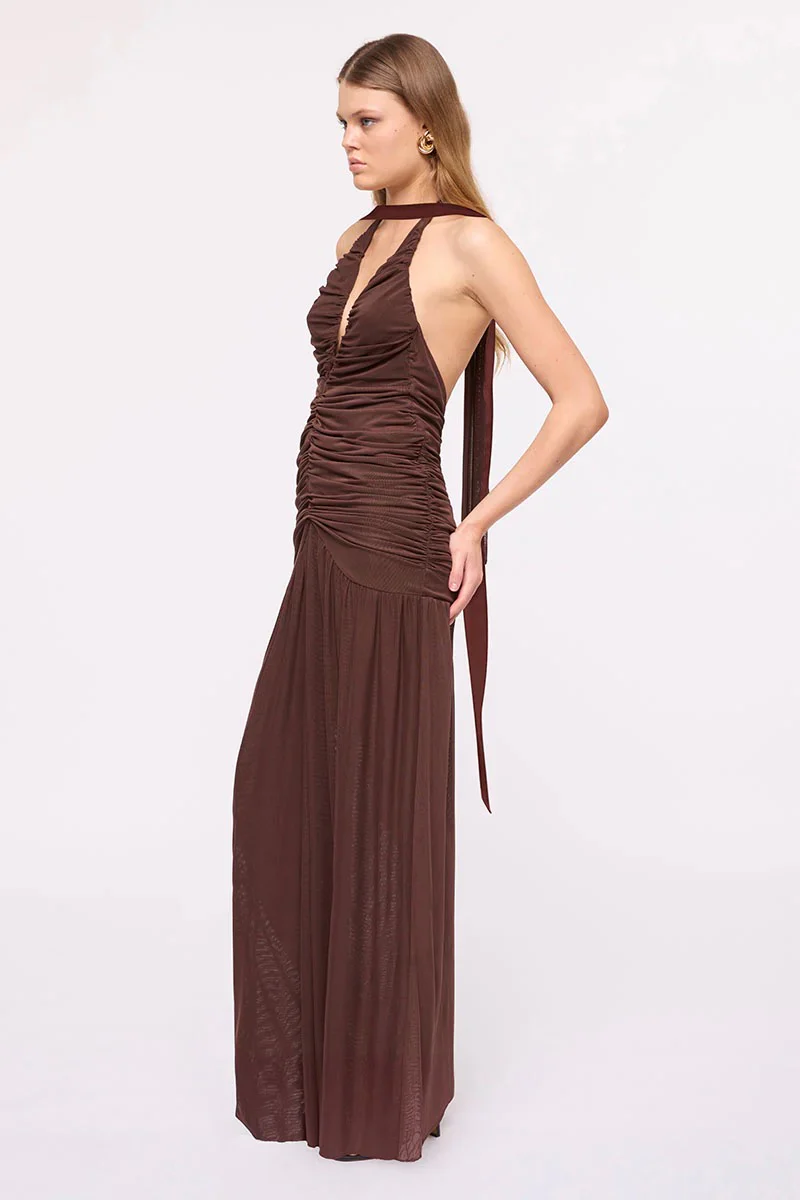 Suboo Chloe Halter Mesh Maxi Dress - Chocolate - Image 2