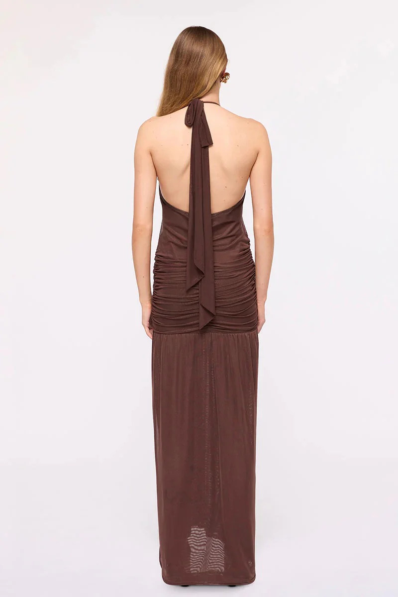 Suboo Chloe Halter Mesh Maxi Dress - Chocolate - Image 3