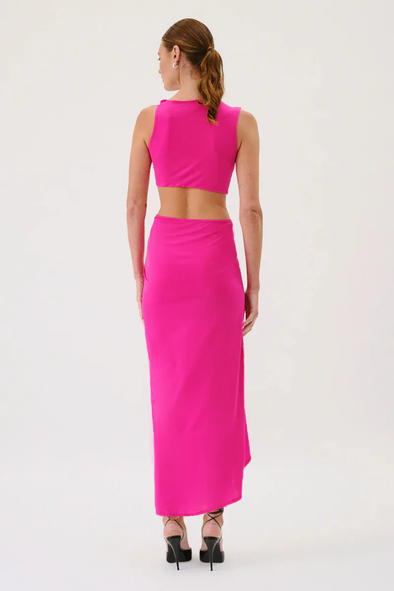 Suboo Garnet Sleeveless Rouched Cross Over Midi Dress - Hyper Pink - Image 5