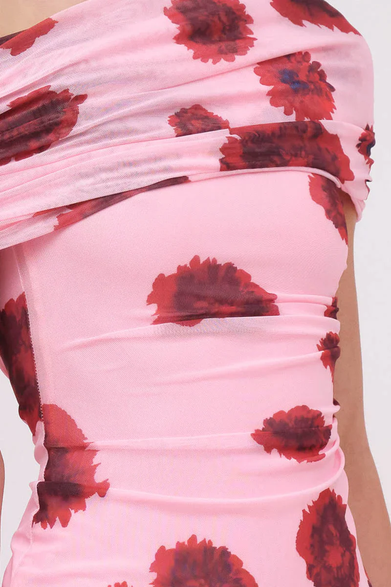 Suboo Luca Mesh Off Shoulder Midi Dress - Pink Red - Image 3